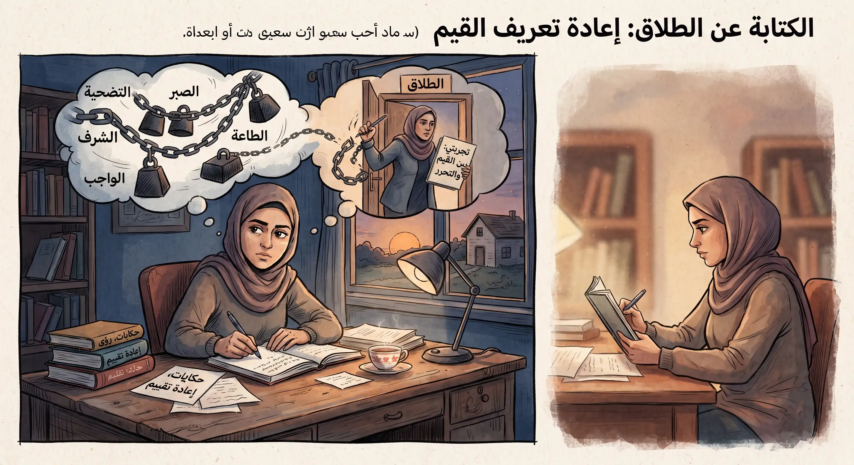 رسم بالذكاء الاصطناعي لامرأة عربية تكتب عن الطلاق بينما تتساقط سلاسل القيم الاجتماعية