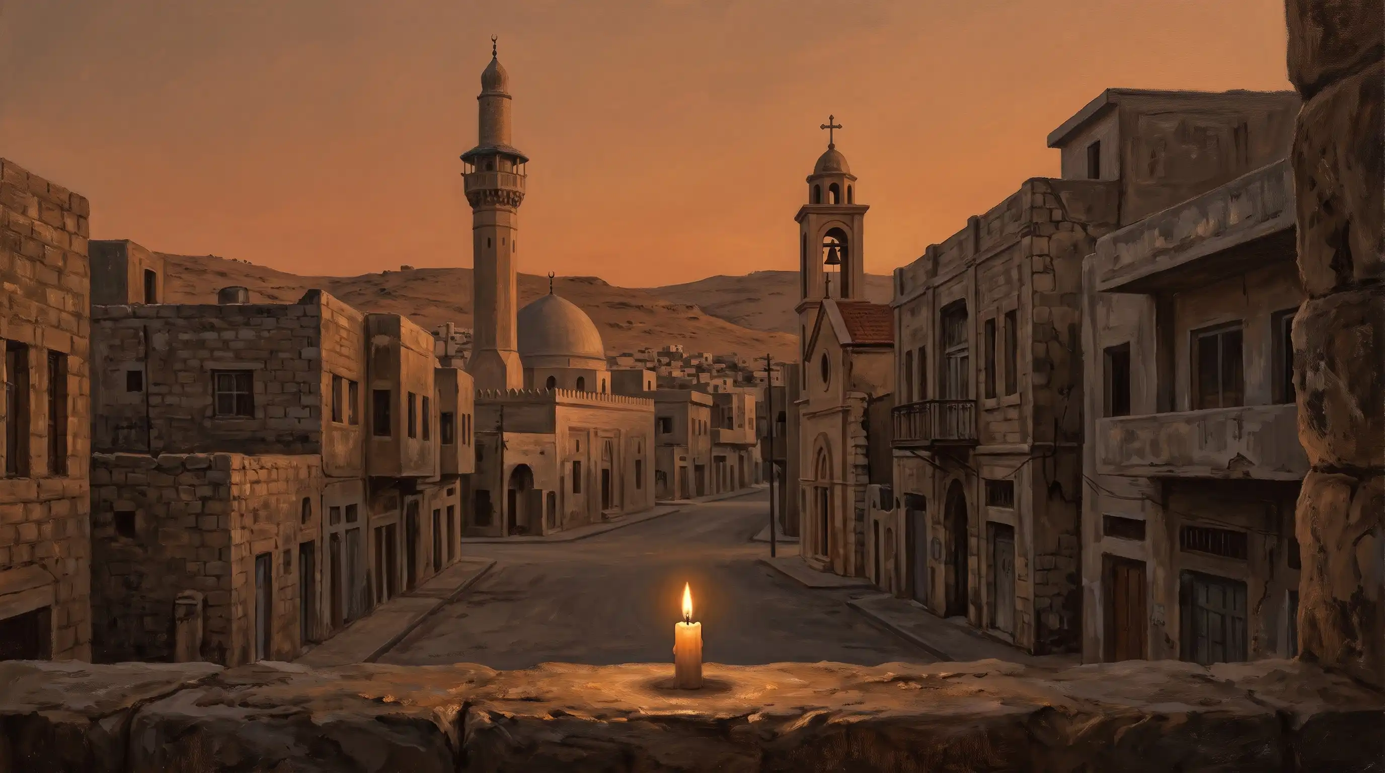 رسم بالذكاء الاصطناعي: مئذنة وبرج كنيسة عند الغروب خلف شمعة مضاءة