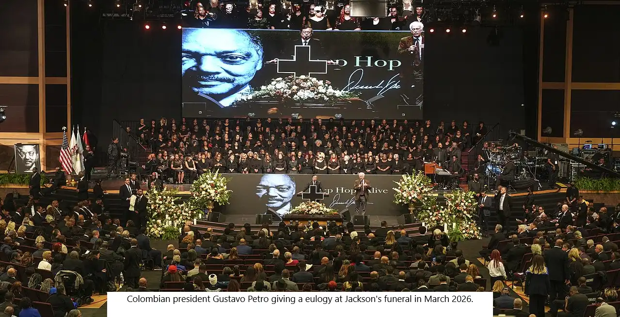 Colombian president Gustavo Petro giving a eulogy at Jackson's funeral in March 2026.