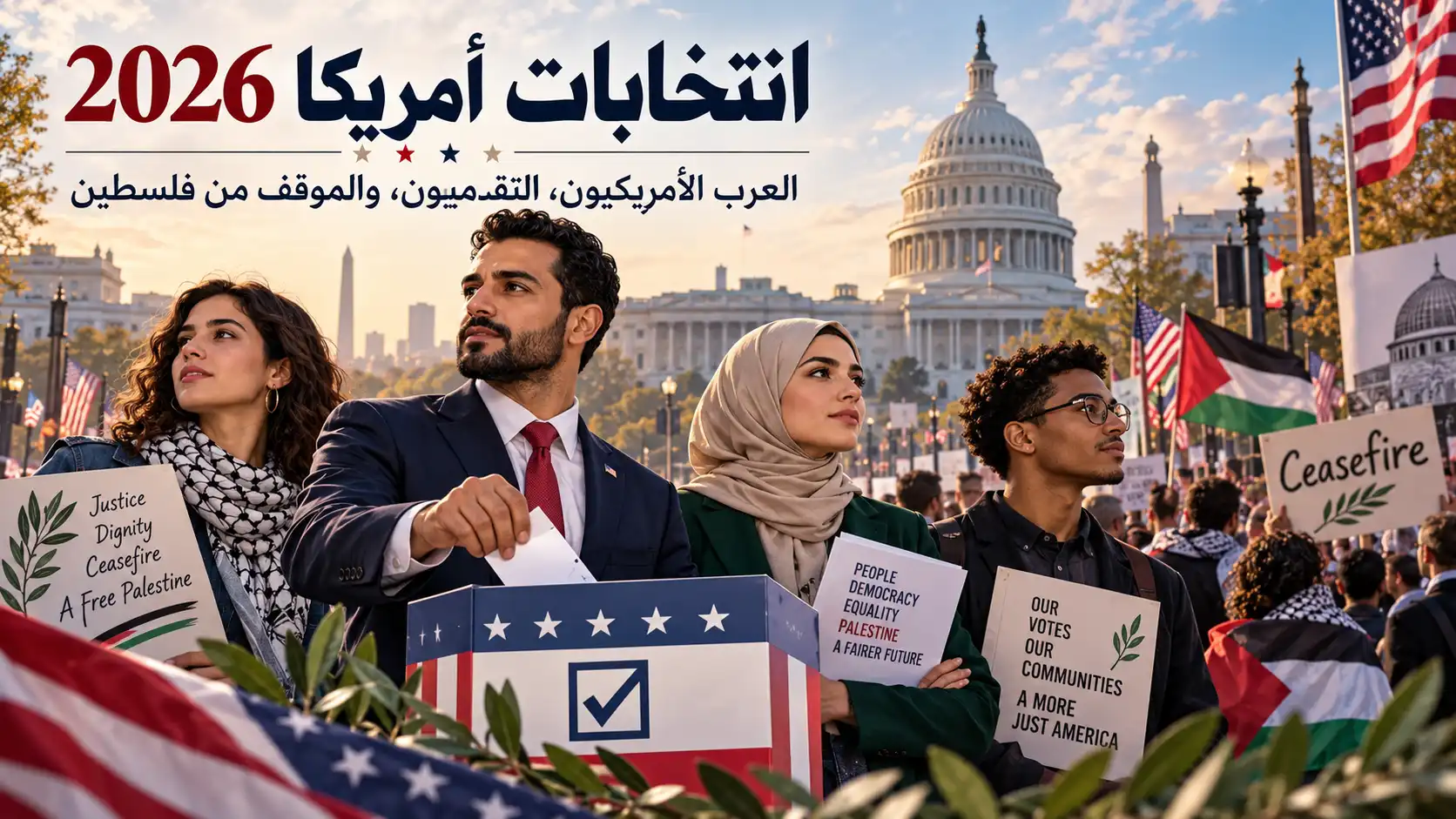 رسم مولَّد بالذكاء الاصطناعي لناخبين يقترعون أمام مبنى الكونغرس مع لافتات لوقف إطلاق النار وحقوق الفلسطينيين