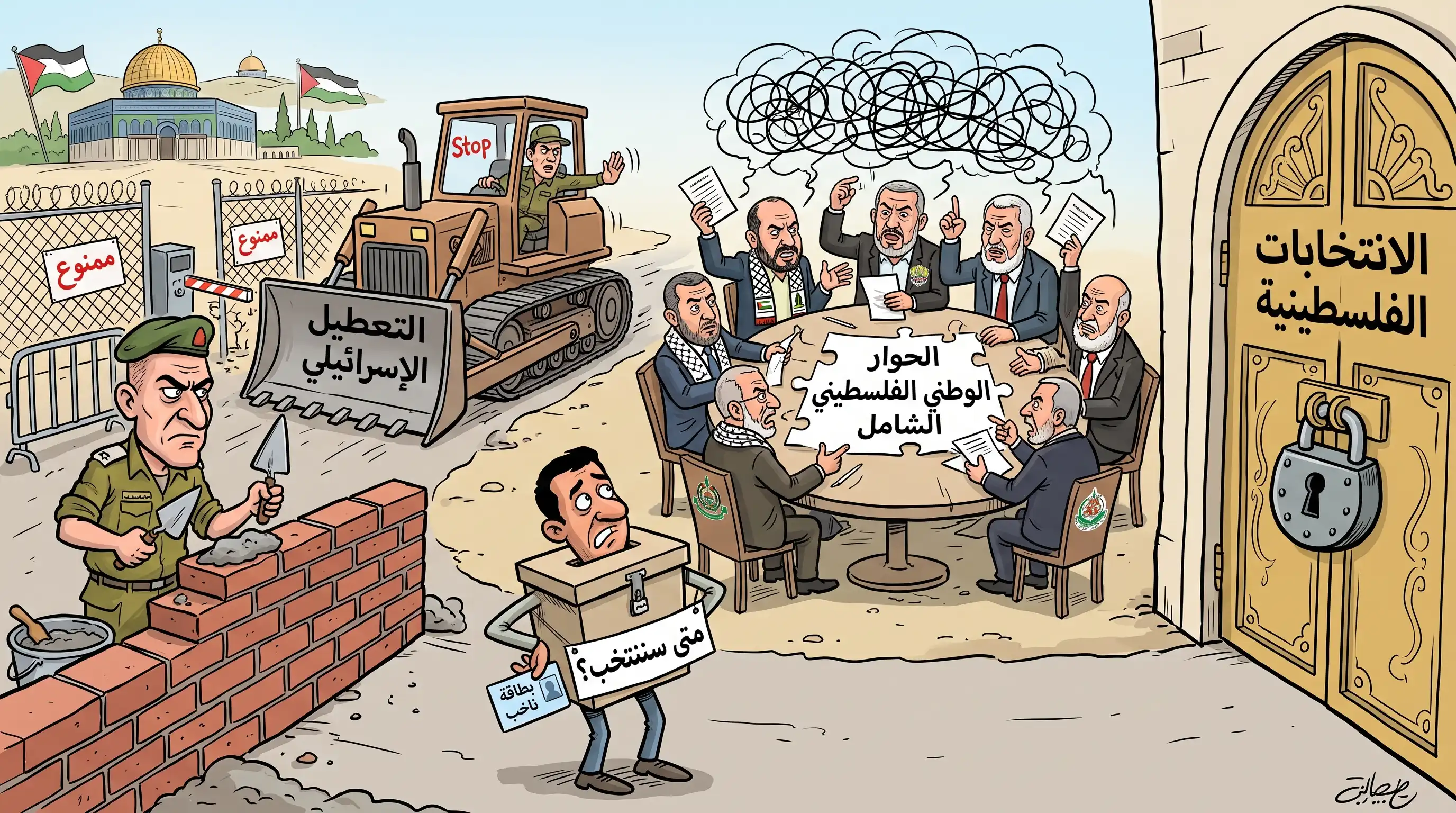 رسم توضيحي بالذكاء الاصطناعي: جندي يبني جداراً كُتب عليه «التعطيل الإسرائيلي»، ورجال يتجادلون حول طاولة «الحوار الوطني الفلسطيني الشامل»، ومواطن يسأل «متى 